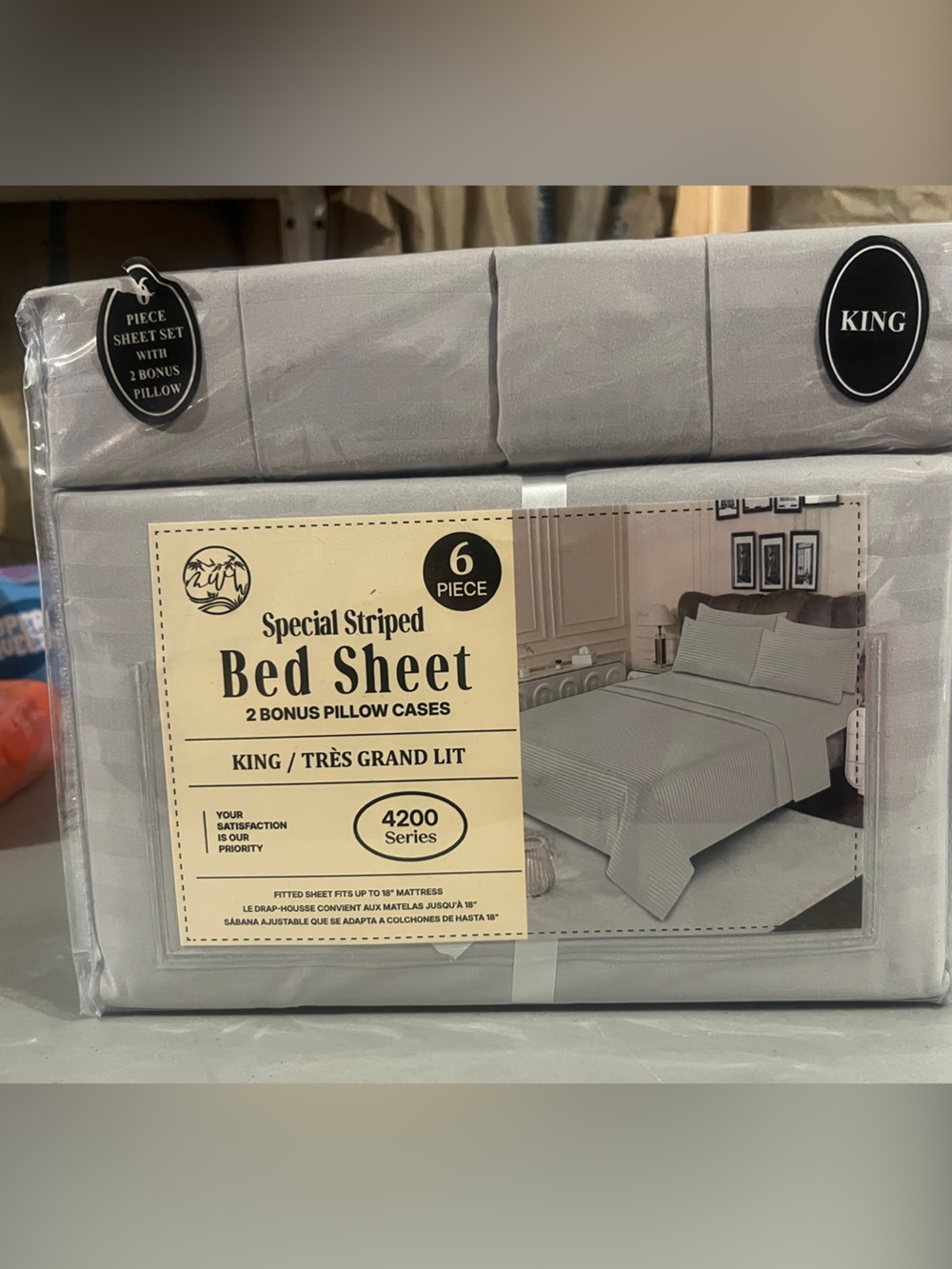 Special Striped King Bed Sheet Set in Light Gray - 6 Piece